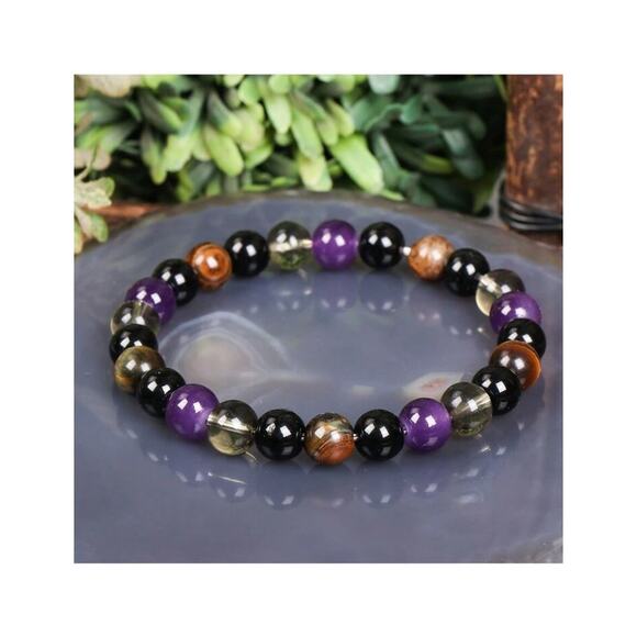 Natural Tiger Eye & Amethyst Beaded Bracelet, Stretchy Healing Crystal Bracelet - Picture 2 of 5